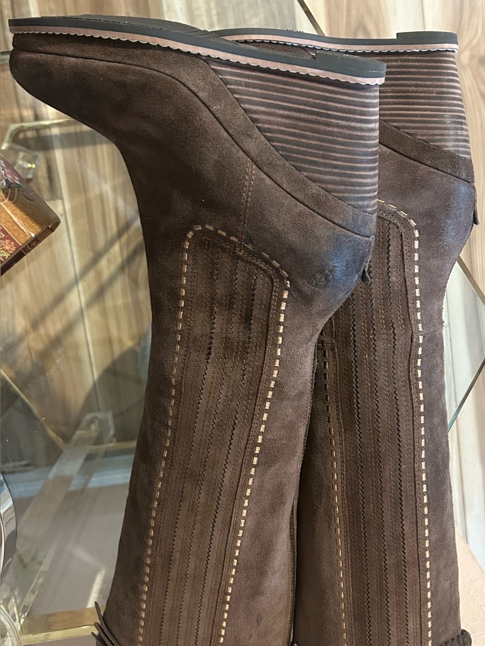 Ariat Brown Suede Leather Wedge Knee-High Boots with Braided Tassel Zipper Sz 7 - Picture 13 of 16